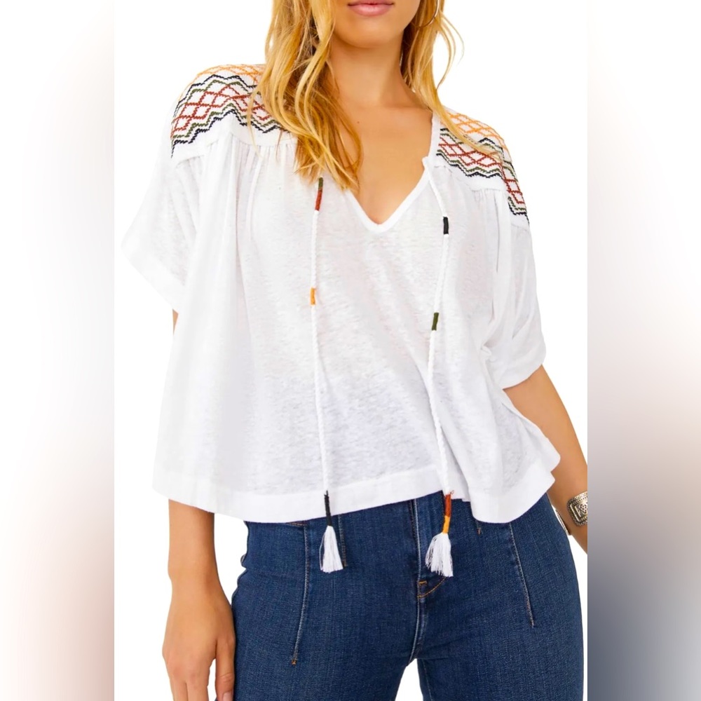 Free People NWT Market Embroidered V-Neck Top Size S $108 Retail #1